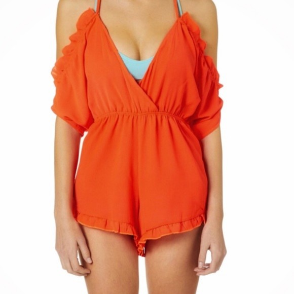 jade and salt Pants - Salt and Jade Open Back Romper Coverup Size M Bright Orange